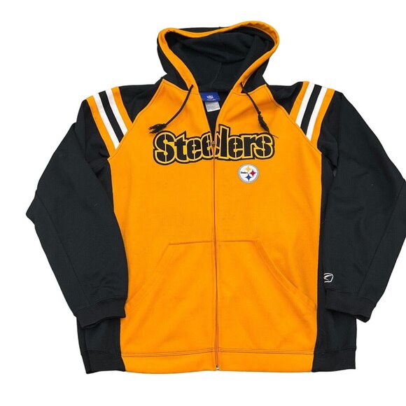 Reebok NFL Hoodie Adult Medium Black Gold STEELERS Colorblock Unisex Jacket Flaw - Picture 1 of 11